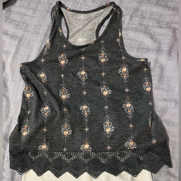 Mudd Girls 7/8 Med Racerback Tank Top Elephant Print Dark Gray w Lace Edge - Picture 3 of 7